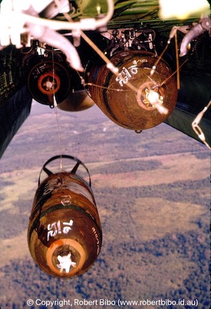 Bombs being released from the bomb bay.